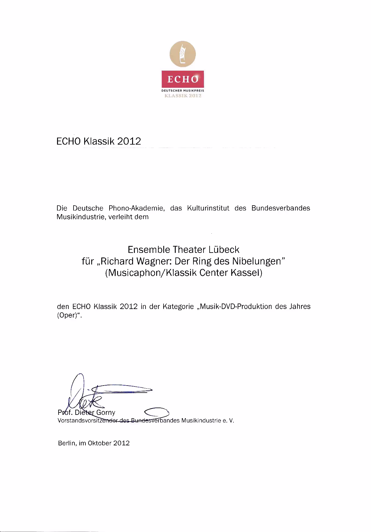 Echo Klassik Urkunde